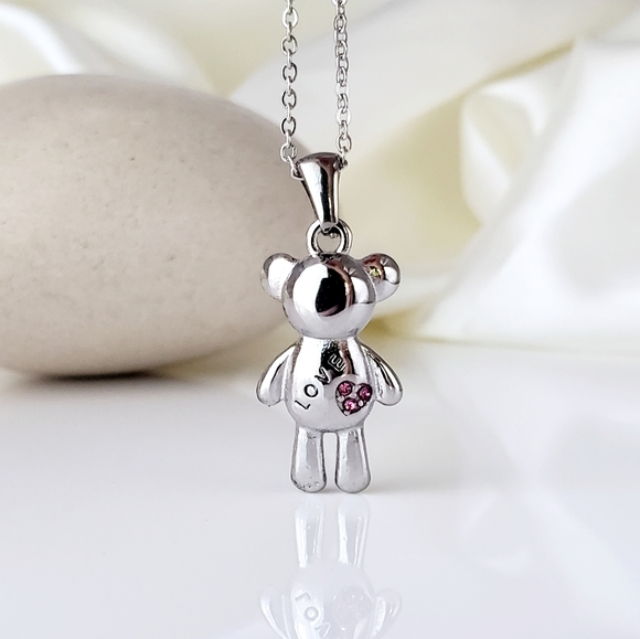 NEW 18K White Gold Silver Tone Teddy Bear Necklace with Pink CZ Diamonds - Picture 3 of 8